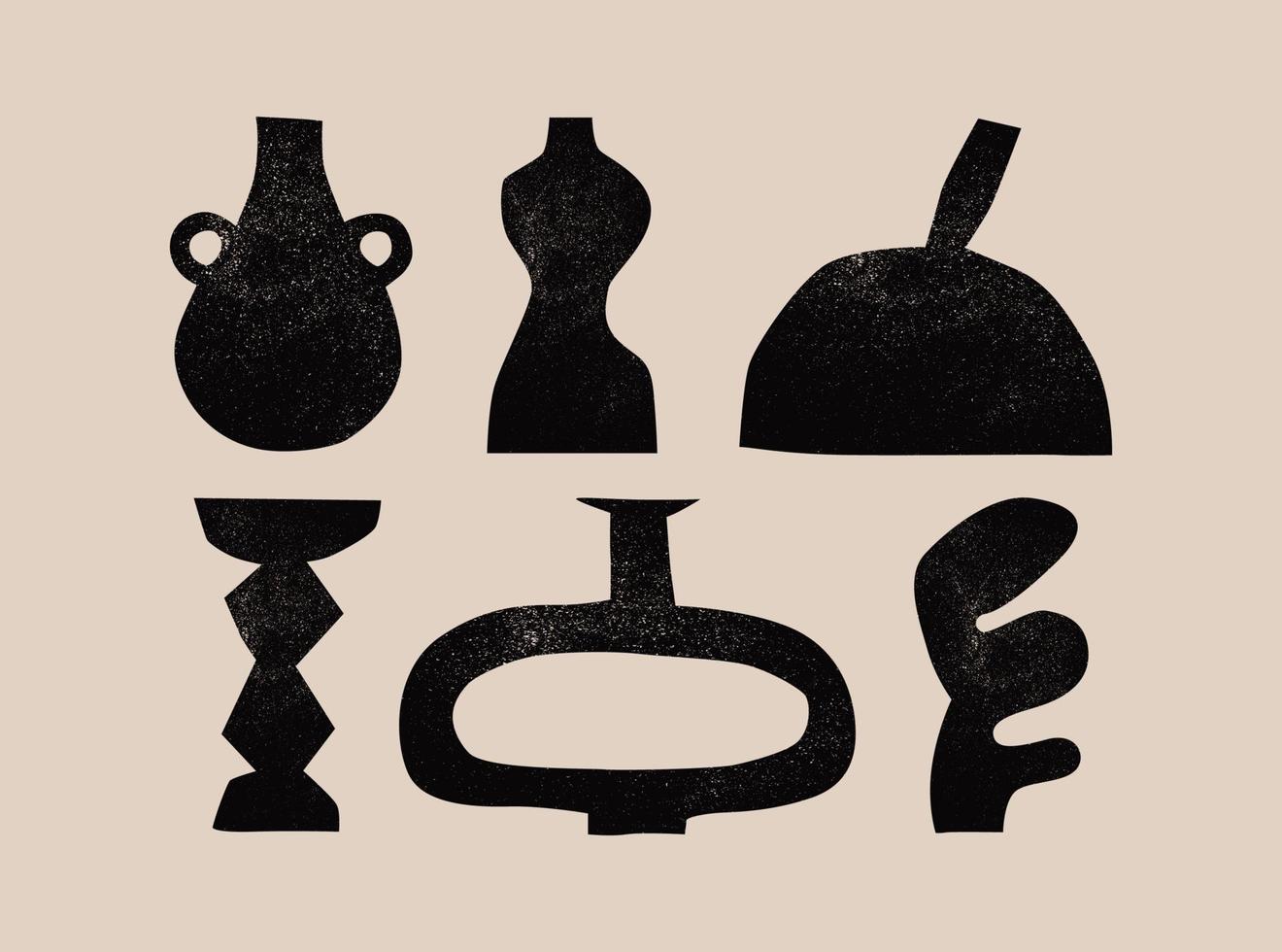 Various ceramic Vases. Different shapes. Black silhouettes. Antique, ancient ceramics. Pottery concept. Stamp texture. Hand drawn Vector set. Trendy illustration. All elements are isolated