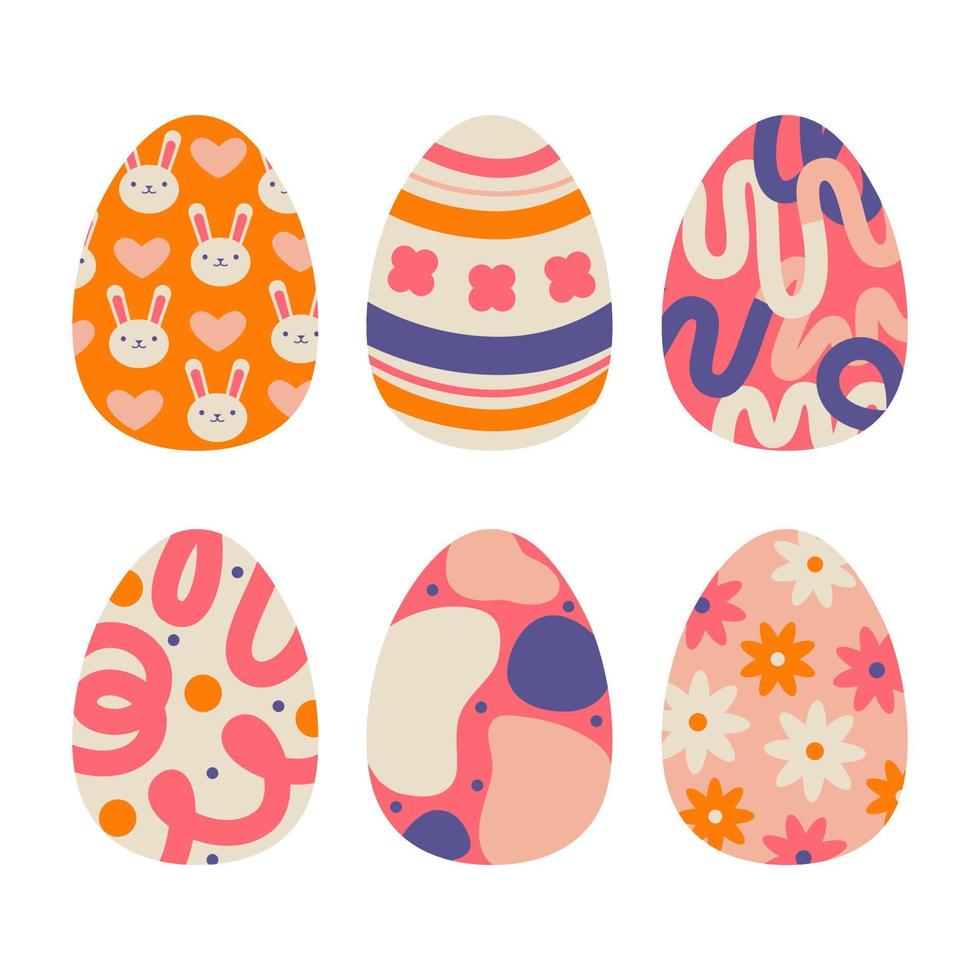 Easter eggs set with different textures, patterns and colors. Spring holiday. Vector illustration isolated on white background.