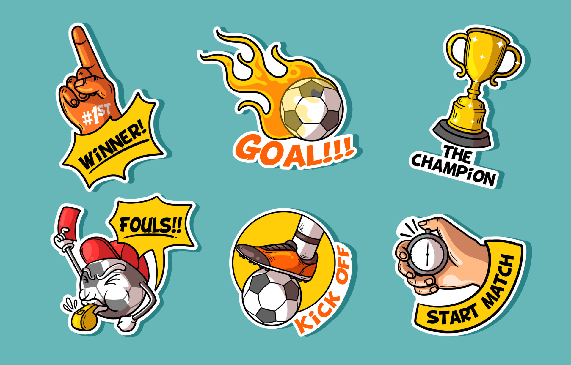 Colección de pegatinas de fútbol soccer con estilo de dibujos animados  dibujados a mano de colores