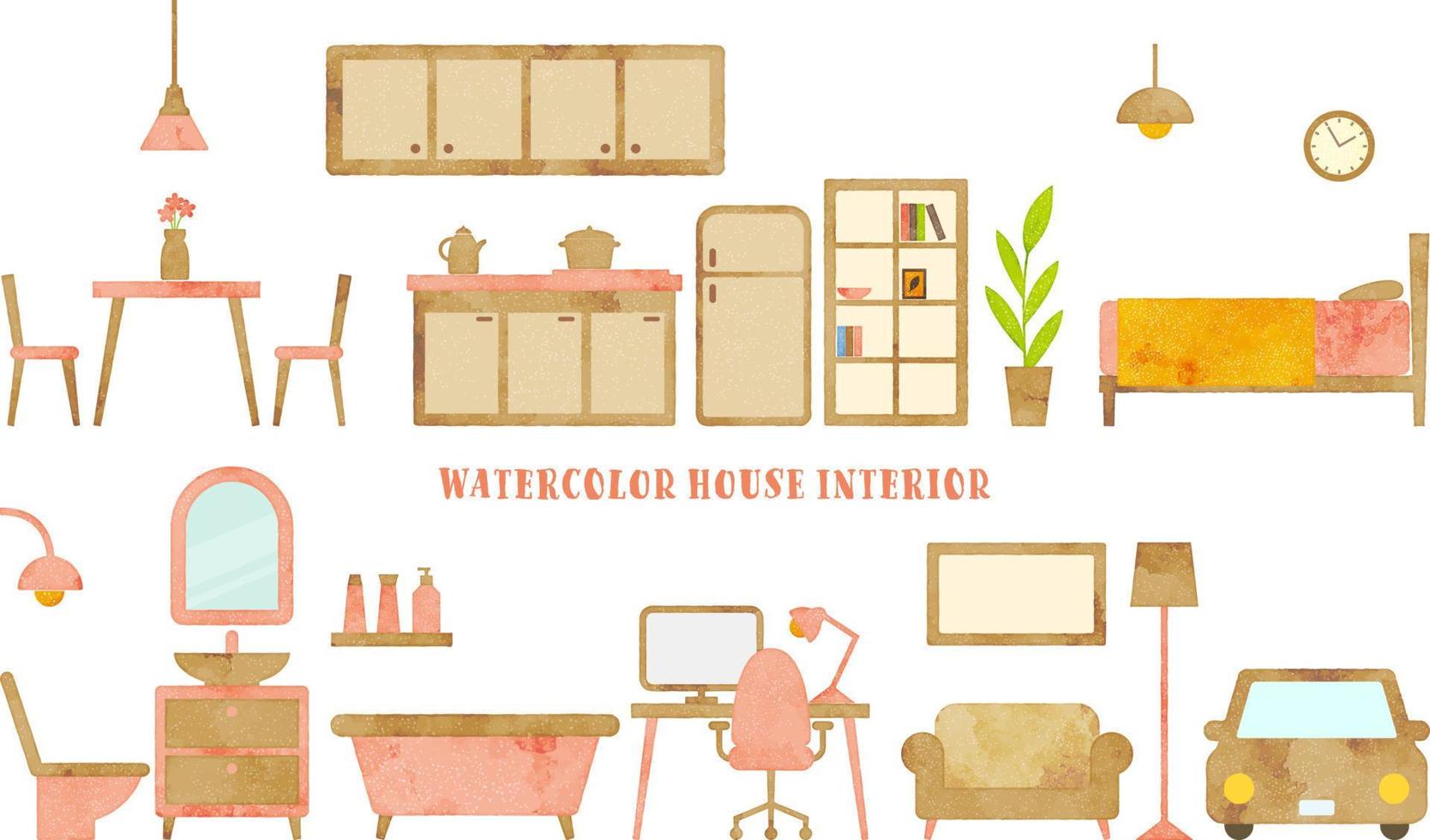 set of vector watercolor furniture illustration