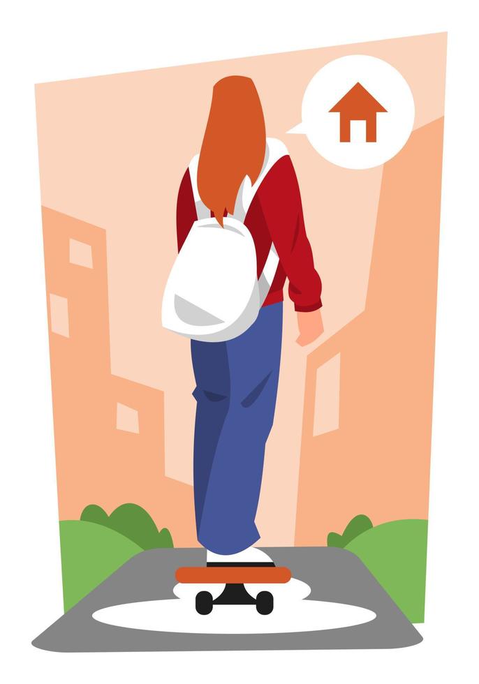 illustration of teenage girl riding a skateboard going home. equipped with house icons and grass, building backgrounds. flat vector