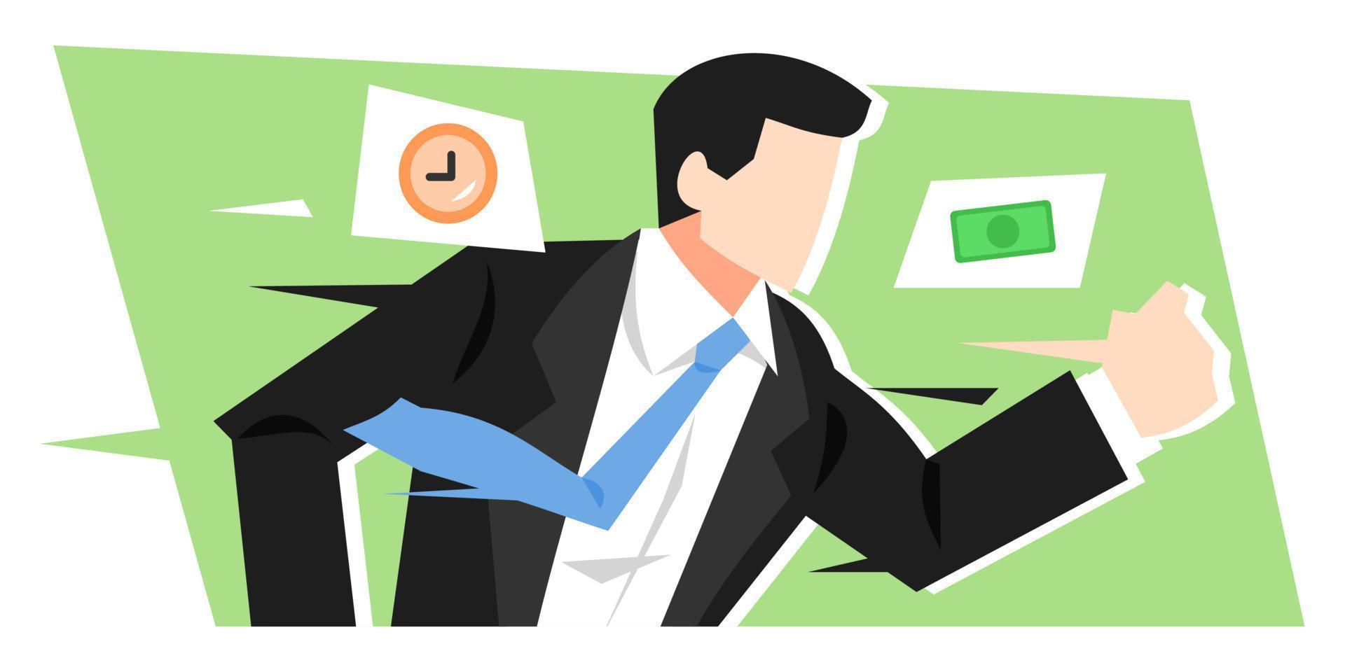 ilustración del concepto de tiempo es dinero. hombre de negocios corriendo. equipado con icono de reloj, dinero. adecuado para el tema de negocios, trabajo, éxito, motivación, etc. vector plano