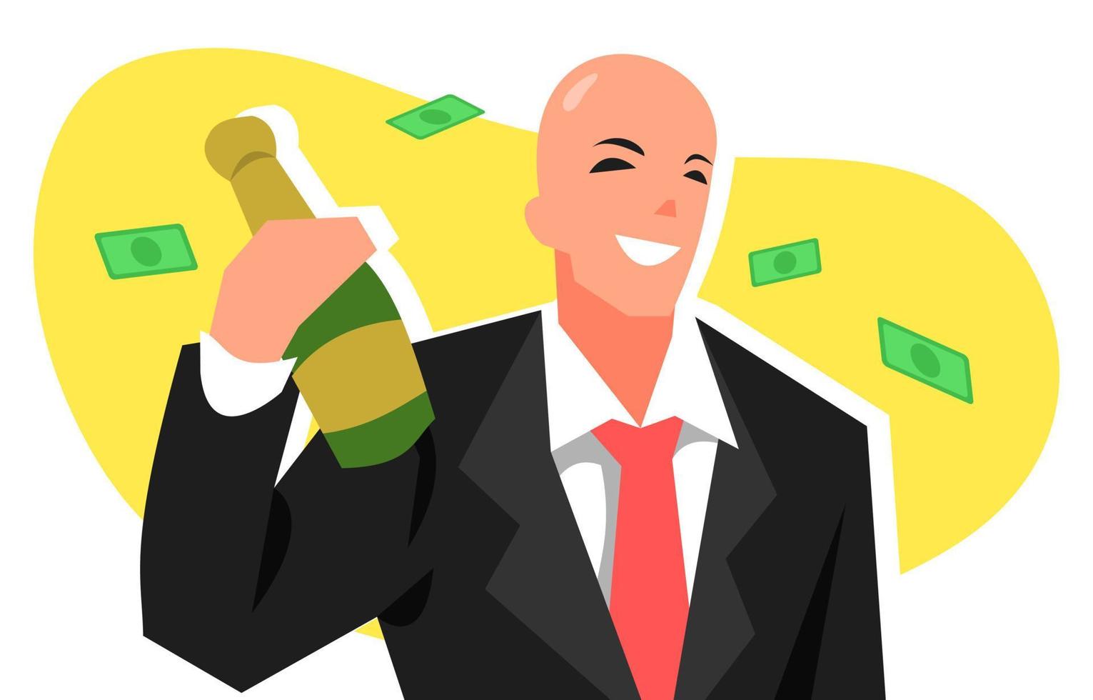 illustration of bald male businessman celebrating success with wine, alcoholic drink. yellow background and money rain. suitable for business theme, success, party, etc. flat vector