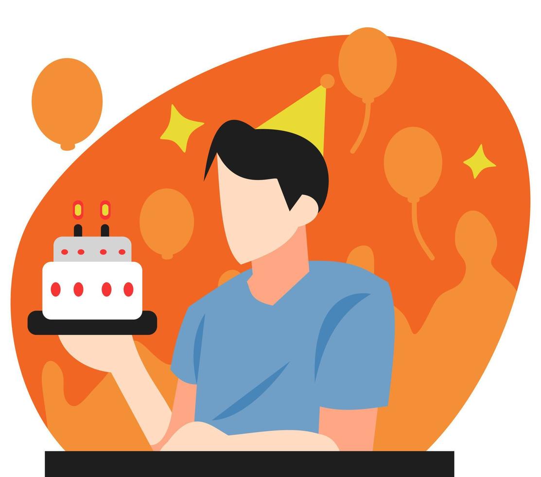 illustration of a teenage boy holding a cake. birthday celebration. background of crowds of people, balloons. suitable for birthdays, celebrations, events, ages, etc. flat vector