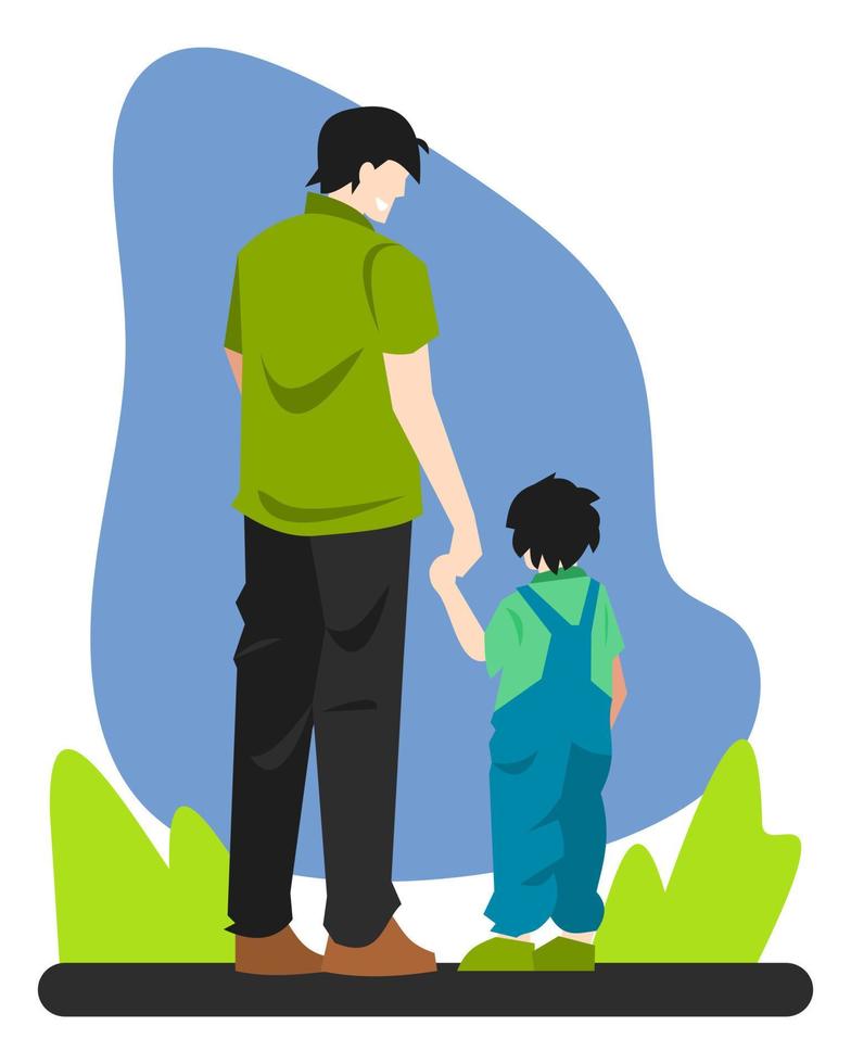 father and son illustration. grass background and blue color. father's day concept or theme, family, love, etc. flat vector. vector