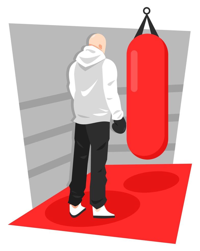 ilustración de un hombre con una chaqueta con un saco de boxeo. práctica de bateo, ring de boxeo, de pie. Adecuado para temas de boxeo, deportes, hombres, pasatiempos, etc. vector plano