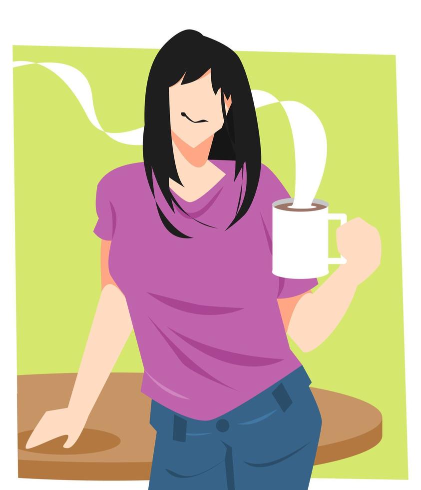 ilustración de una mujer hermosa disfrutando de un café caliente por la mañana. fondo verde conceptos y temas de vacaciones, actividades, estilo de vida, trabajo, etc. vector plano