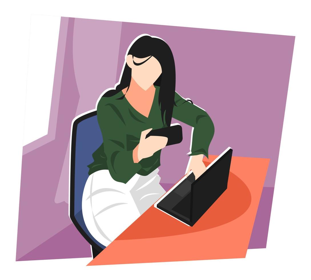 illustration of a beautiful woman content creator preparing her work with a smartphone and laptop. streaming, videos. profession concepts and themes, work from home, work, business, etc. flat vector