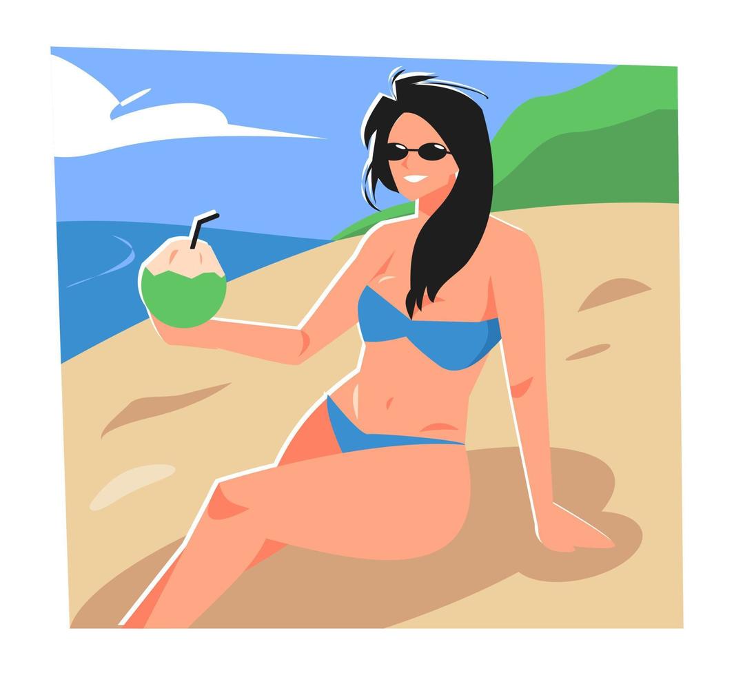 ilustración de una mujer hermosa y sexy con gafas disfrutando de una bebida de coco en la playa. telón de fondo de la playa. verano, vacaciones, estilo de vida, belleza, etc. conceptos temáticos. vector plano