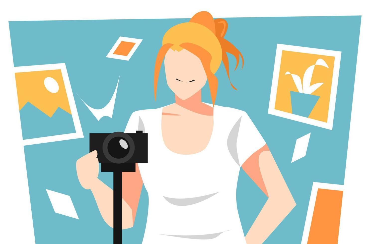 illustration of beautiful girl holding camera ready to take a photo. equipped with image icons, photo icons. concept and theme of profession, occupation, hobby, photographer. flat vector style