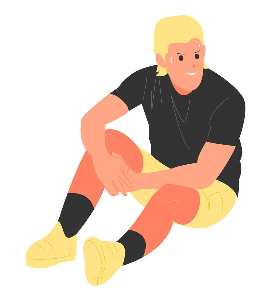 Male athlete exhausted after training. sitting pose. man sweating after exercise, fitness, activity. isolated on white background. vector illustration in flat style.