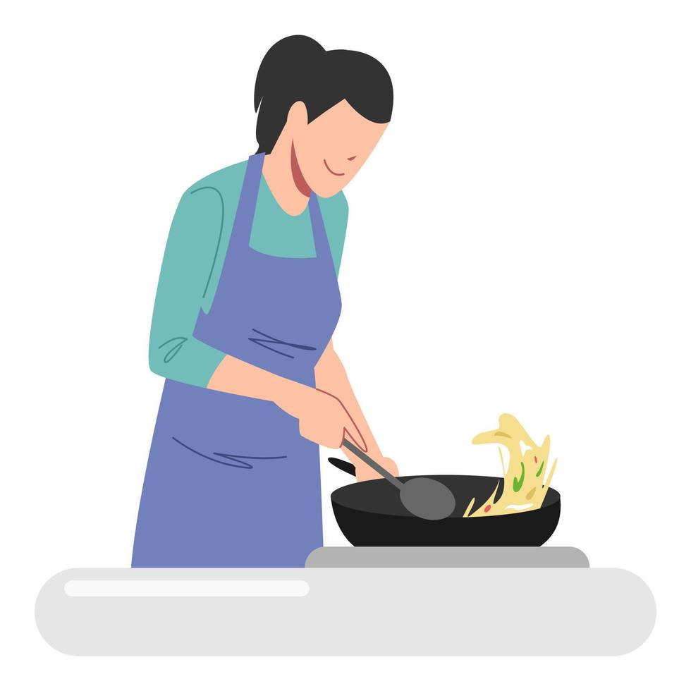 mujer cocinando en la cocina. las mujeres usan delantales. la madre cocina en la sartén. hobby, comida, desayuno, concepto de cena. ilustración vectorial en estilo plano. vector