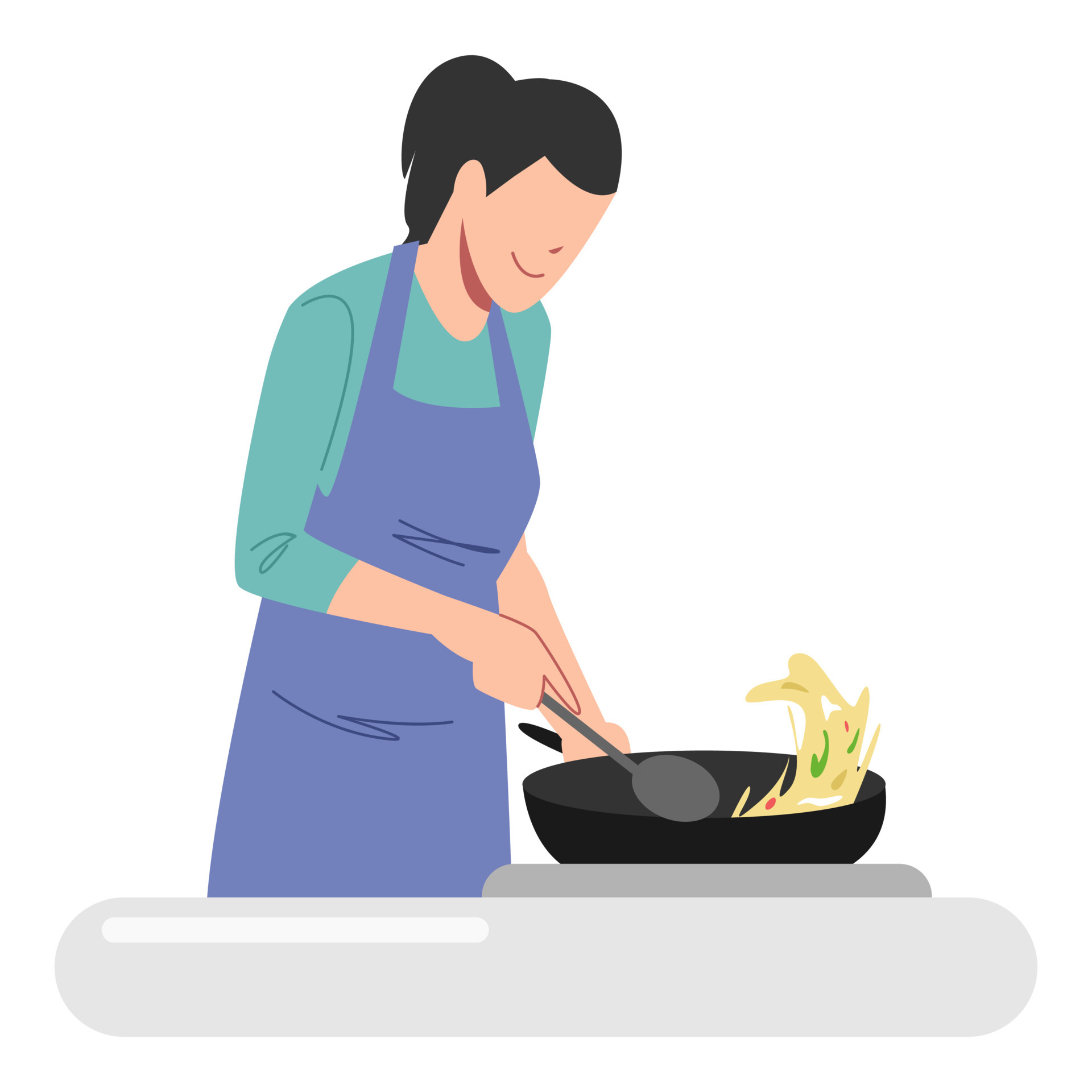 woman cooking in the kitchen. women wear aprons. mother cooks in the pan. hobby, food, breakfast
