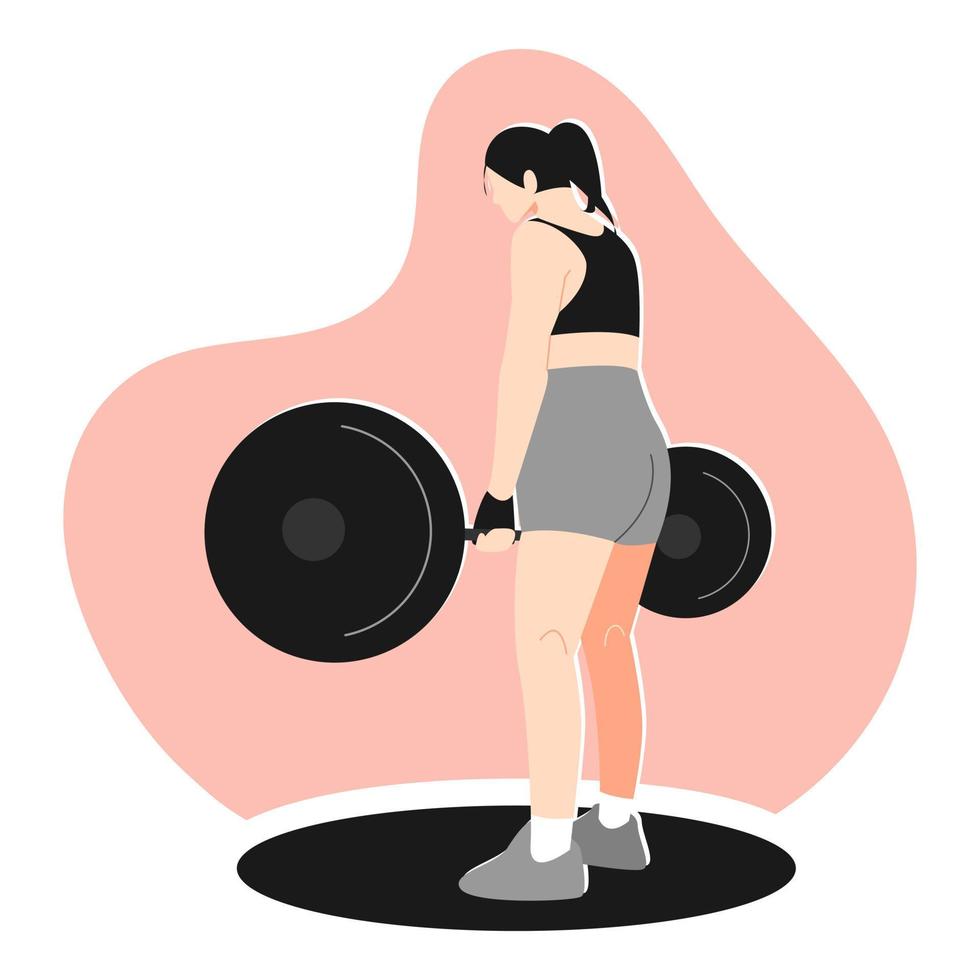 mujer levantando pesas. atleta femenina levantando pesas. vista trasera. concepto de gimnasio, fitness, ejercicio, deporte. ilustración vectorial en estilo plano. vector