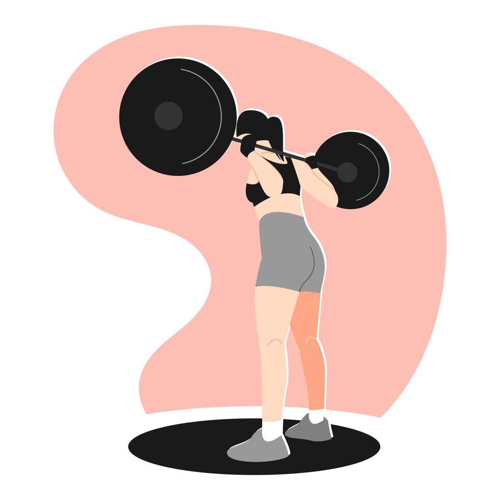 mujer levantando pesas. atleta femenina levantando pesas. vista trasera. concepto de gimnasio, fitness, ejercicio, deporte. ilustración vectorial en estilo plano. vector