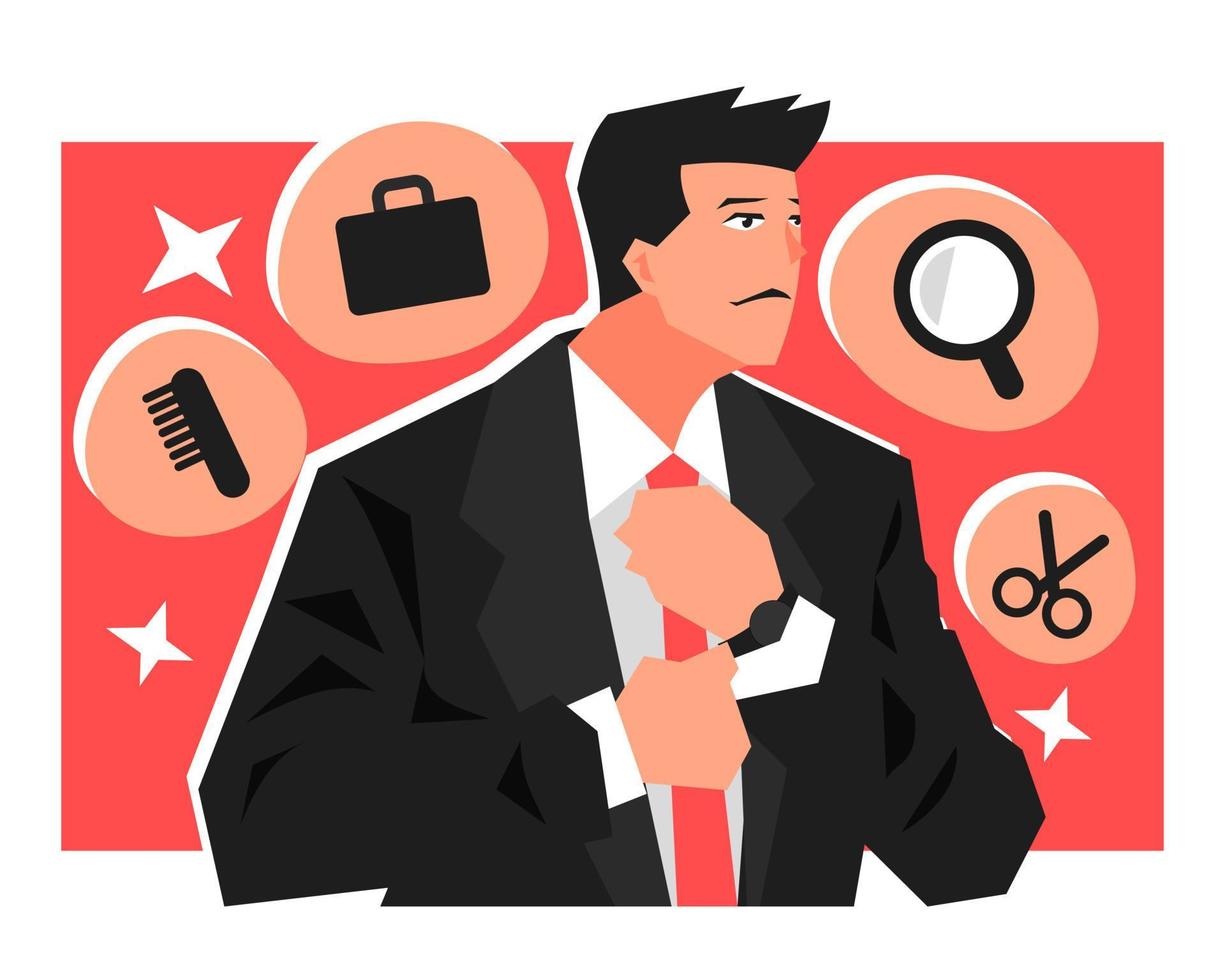 illustration of a business man wearing a tie. pay attention to appearance, handsome, neat, successful. Includes briefcase, comb, scissor, mirror icons. business, work, finance. themes. flat vector