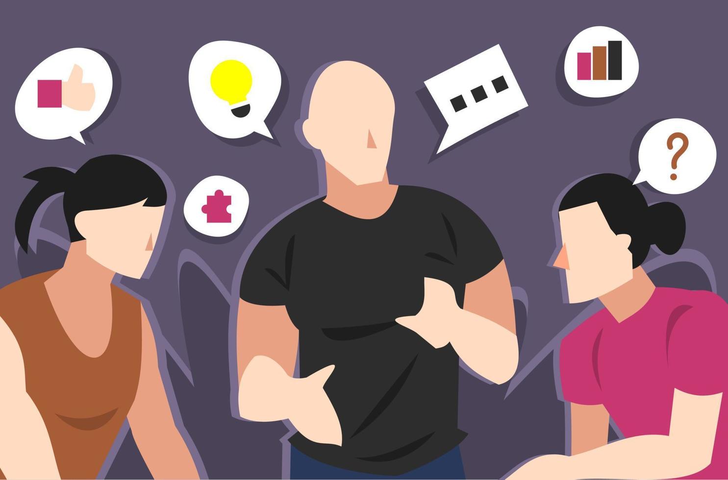 illustration of a group of men discussing something. Includes light icon, idea, thumbs up, puzzle, talk, stats, question mark. suitable for business, work, meeting, plan, etc. flat vector. vector