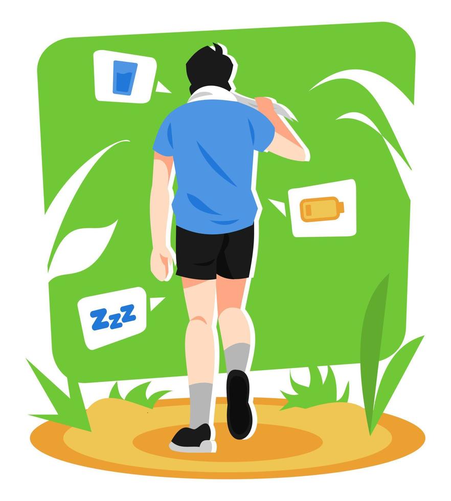 illustration of a man after exercise and tired. fatigue. includes mineral water glass icon, low battery icon, sleep icon. green background. sports theme, exercise, fitness, health vector