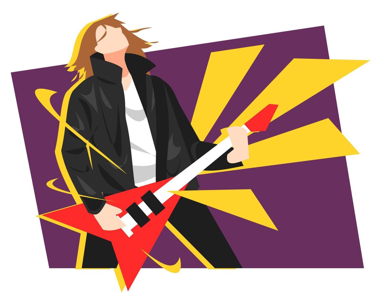 ilustración de guitarrista tocando guitarra, instrumento de bajo. músico. estrella de rock. fondo morado y amarillo. temas de pasatiempos, trabajo, música, bandas, etc. vector plano.