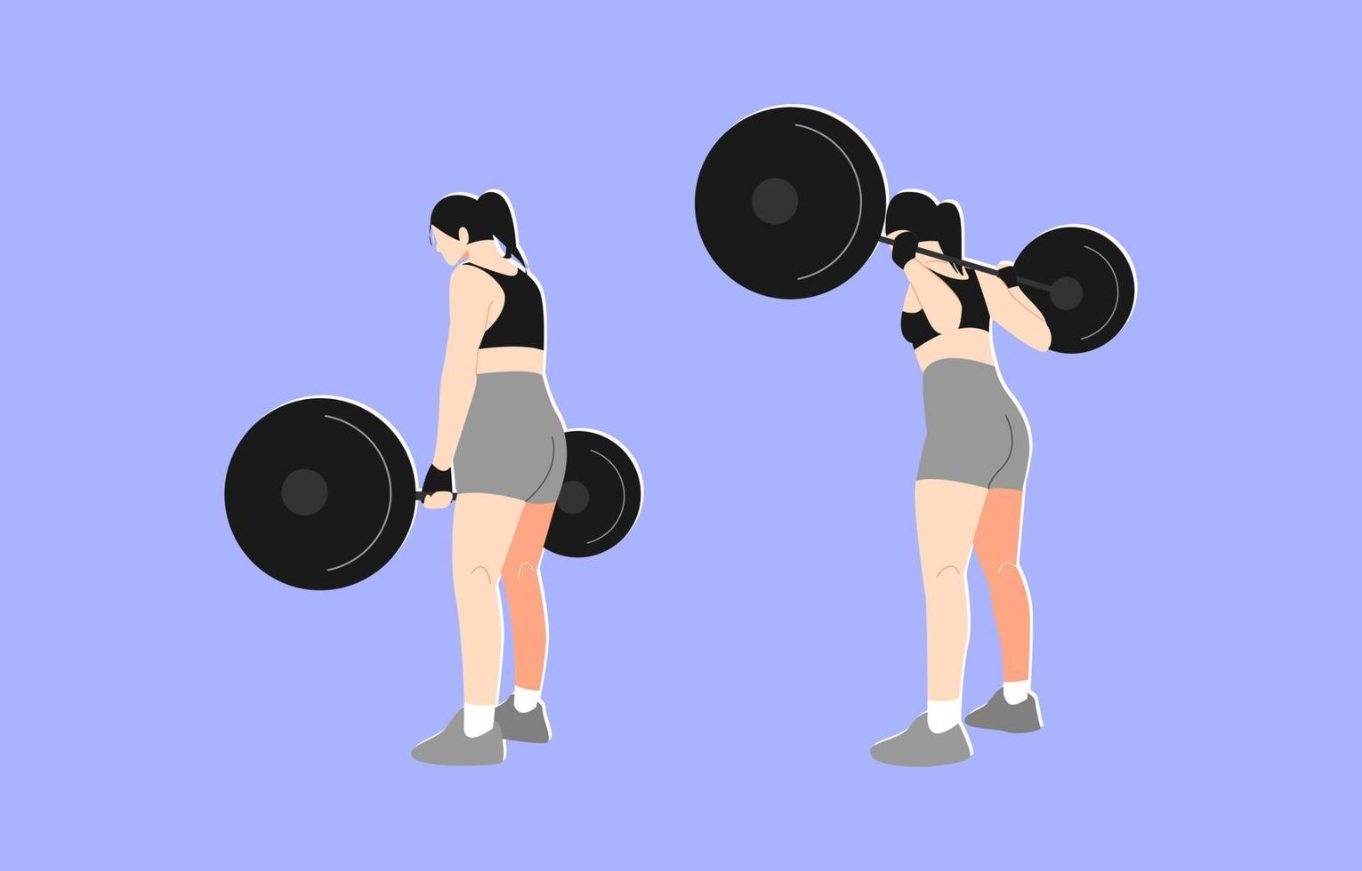 mujer levantando pesas con diferentes poses, movimientos. vista trasera. atleta femenina entrenando en gimnasio con barra. fitness, culturismo, ejercicio. ilustración vectorial en estilo plano. vector