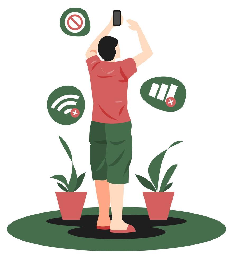 ilustración de un hombre que busca una señal de teléfono inteligente. incluye ícono de red, ícono de wifi, ícono faltante y planta ornamental. adecuado para temas de tecnología, problemas, negocios, etc. vector plano