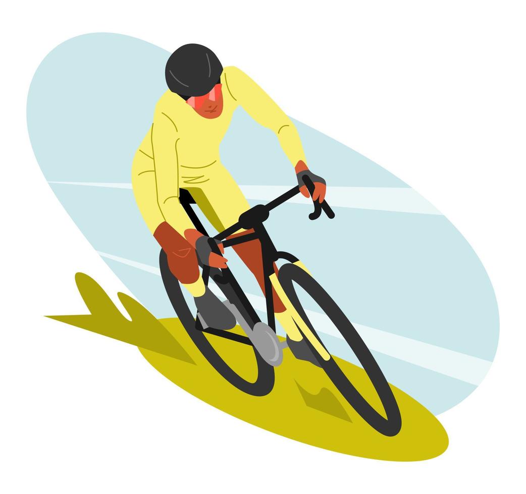 ciclista yendo rápido. carrera de bicicletas en la naturaleza. mirada frontal deporte, hobby, vehículo, concepto de transporte. perfecto para impresión, pegatina, afiche, diseño de pantalones, etc. ilustración vectorial en estilo plano. vector