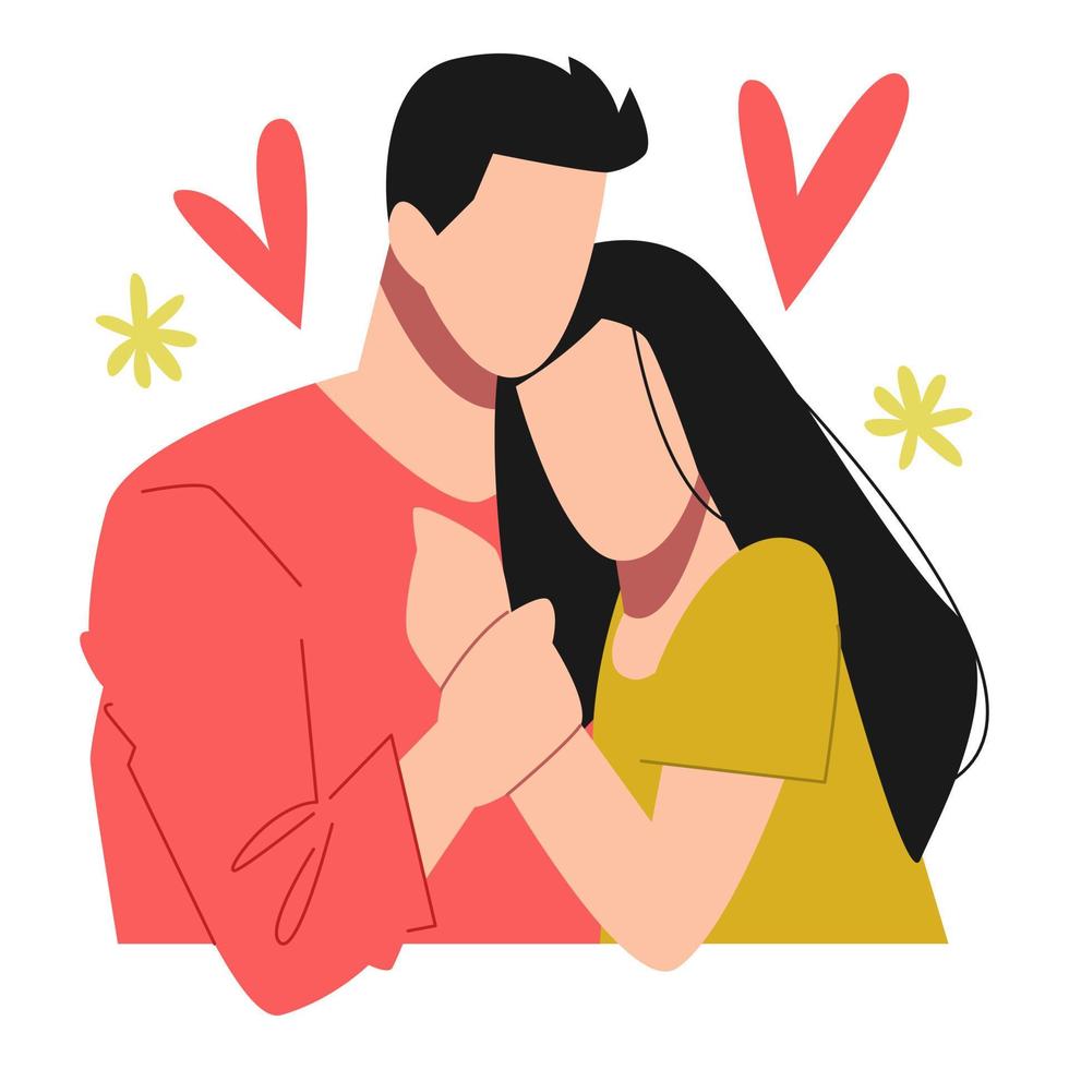 couple of lovers holding hands. boyfriend and girlfriend. hug. half body. heart icon, love flower. concept of couple, love, affection. vector illustration in flat style.