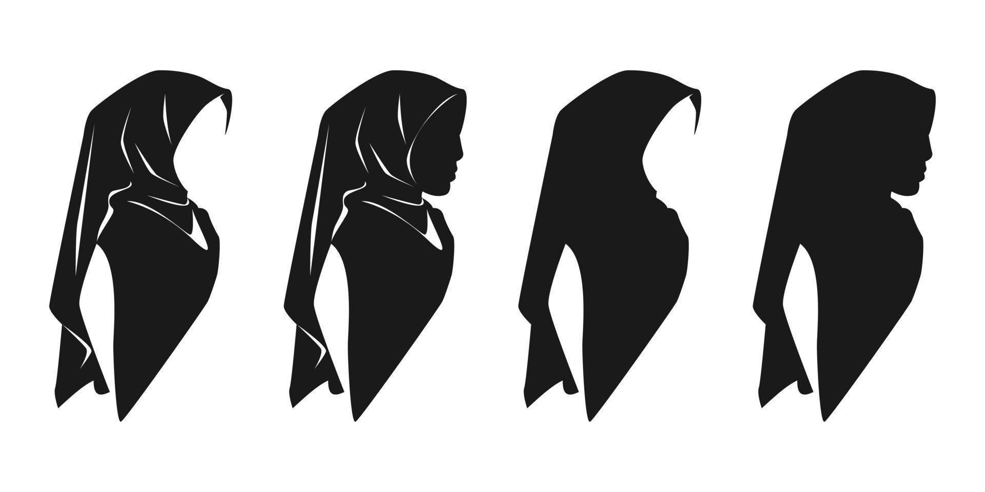 conjunto de colección de varias mujeres musulmanas hijab. diferentes tipos, posiciones. silueta en blanco y negro. concepto islámico, ropa, moda, moda, etc. impresión, pegatina, web, etc. ilustración vectorial. vector