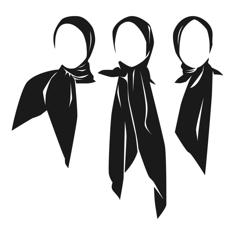 conjunto de colección de varias mujeres musulmanas hijab. diferentes tipos, posiciones. silueta en blanco y negro. concepto islámico, ropa, moda, moda, etc. impresión, pegatina, web, etc. ilustración vectorial. vector