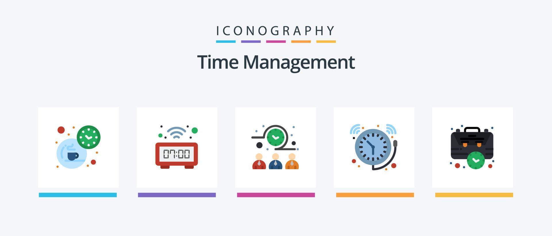 paquete de iconos de 5 planos de gestión del tiempo que incluye bolsa. hora. reunión. reloj. alarma. diseño de iconos creativos vector