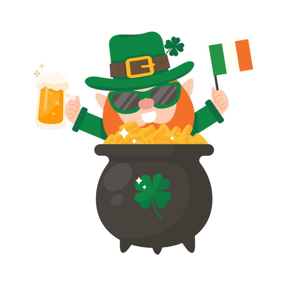 Funny leprechaun cartoon celebrating by drinking beer on Saint Patrick's Day. vector