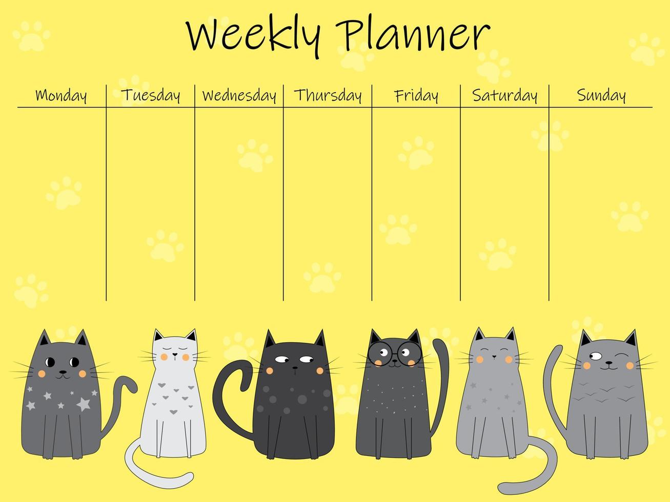 Cute weekly to do list template with a doodle style illustration of cartoon cats. Weekly planner organizer. Trendy self organization concept with graphic design elements. Vector illustration