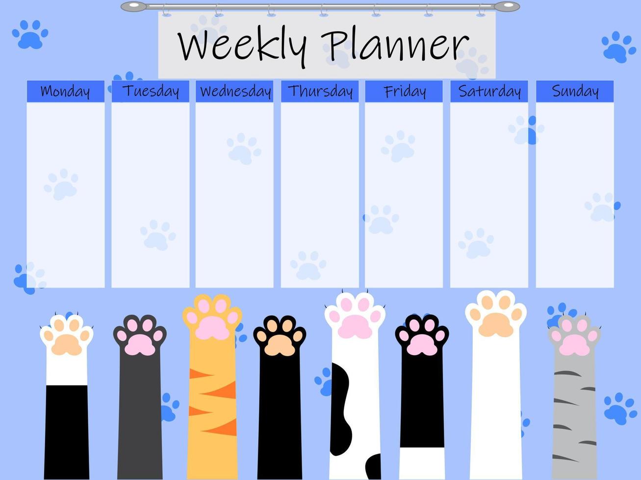 Cute weekly to do list template with an illustration of cat paws. Weekly planner organizer. Trendy self organization concept with graphic design elements. Vector illustration