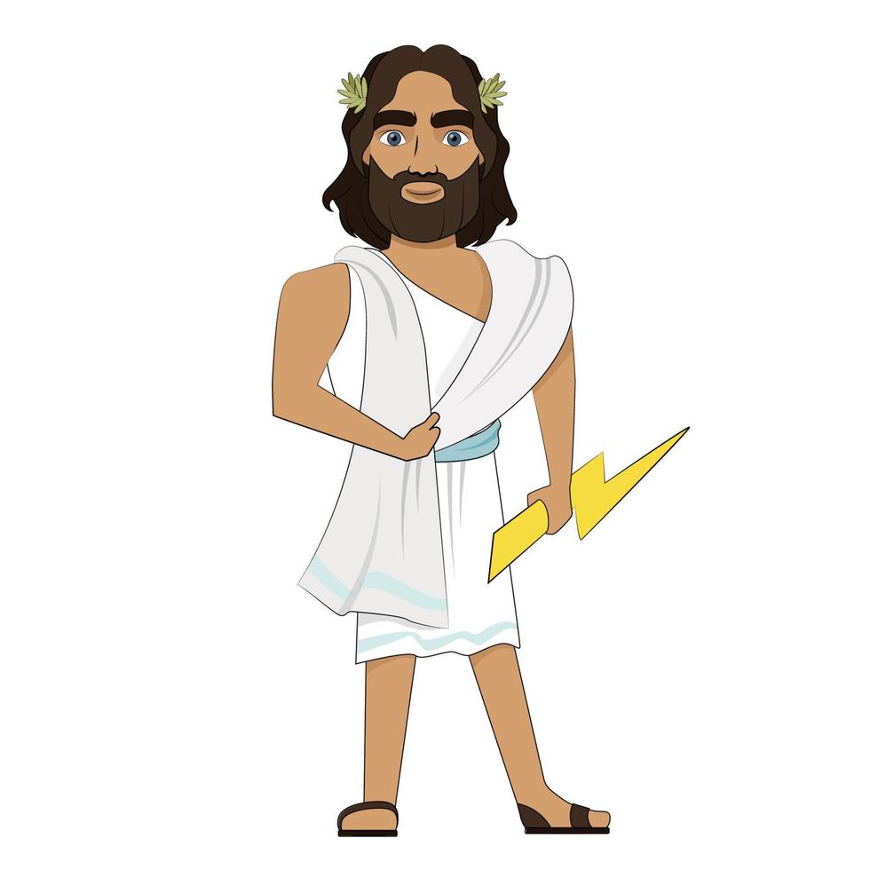 dios griego masculino joven con cabello largo y relámpagos en la mano vector
