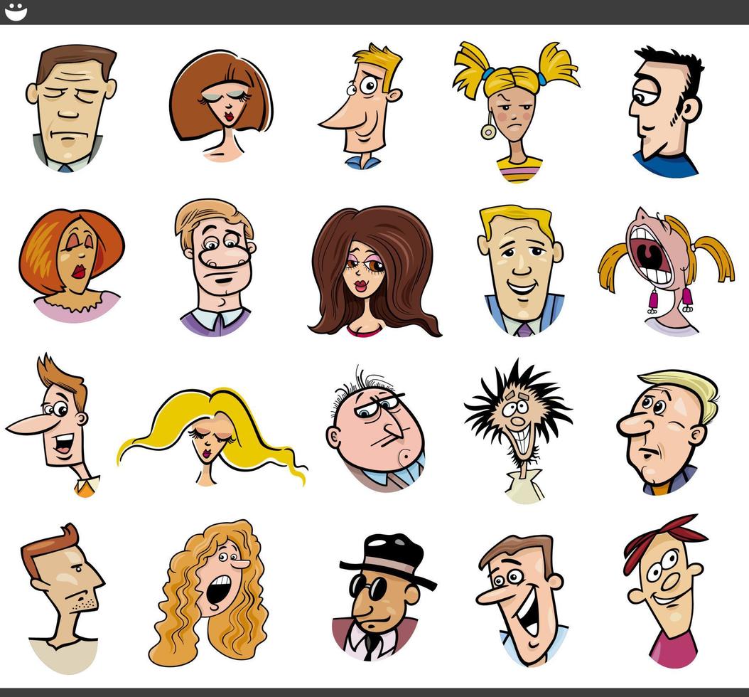 caricatura, gente, caracteres, caras, y, emociones, conjunto vector