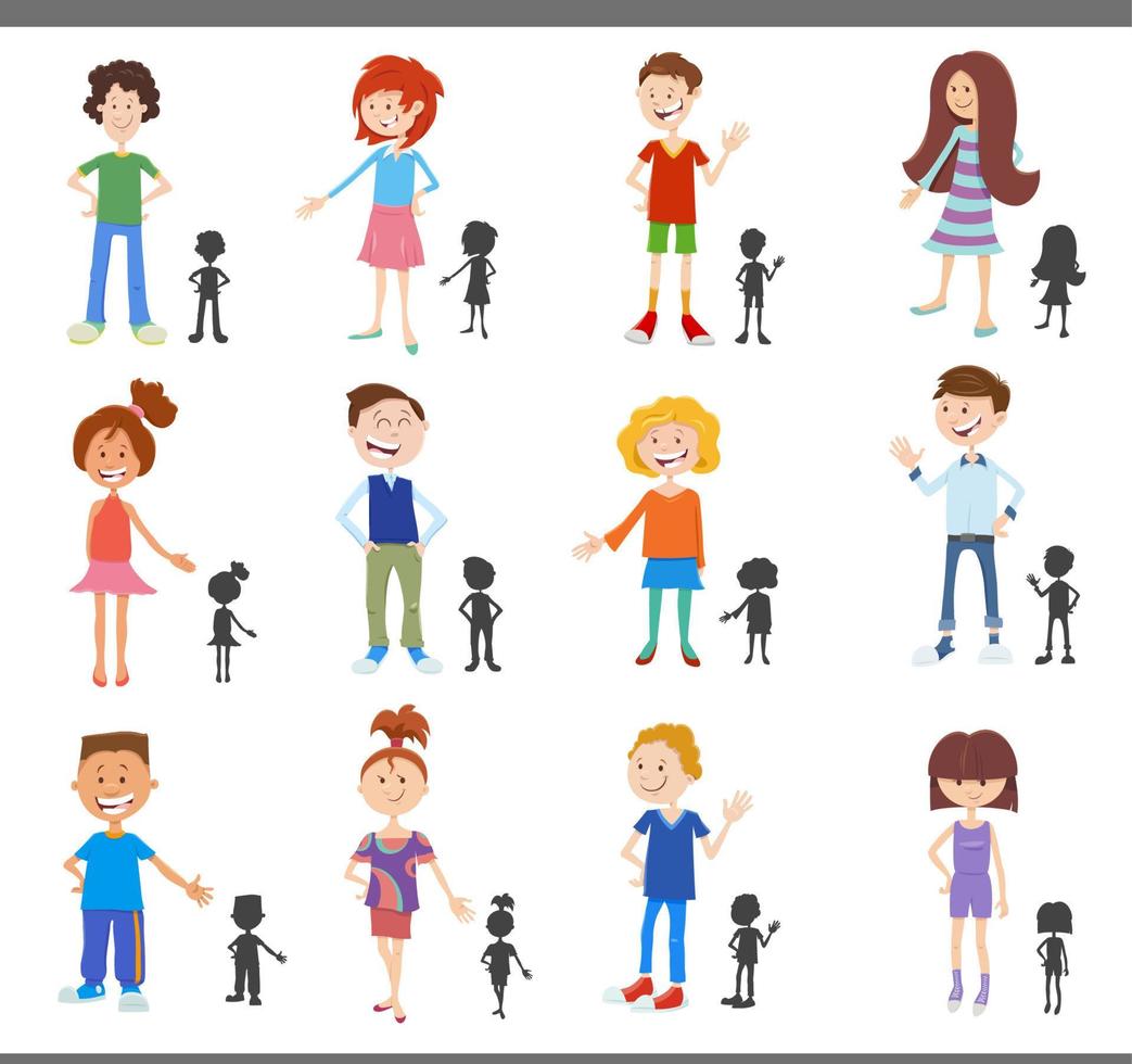 cartoon kids and teens with silhouettes set vector