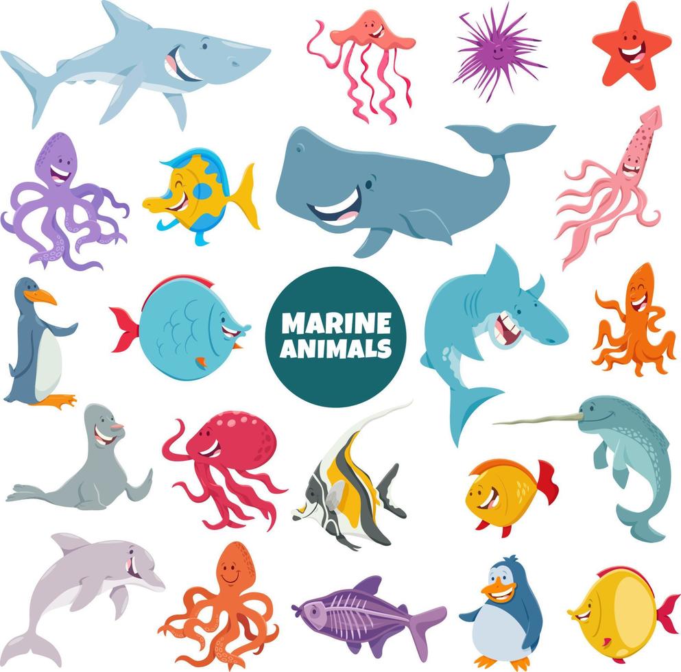 cartoon marine animal characters big set vector