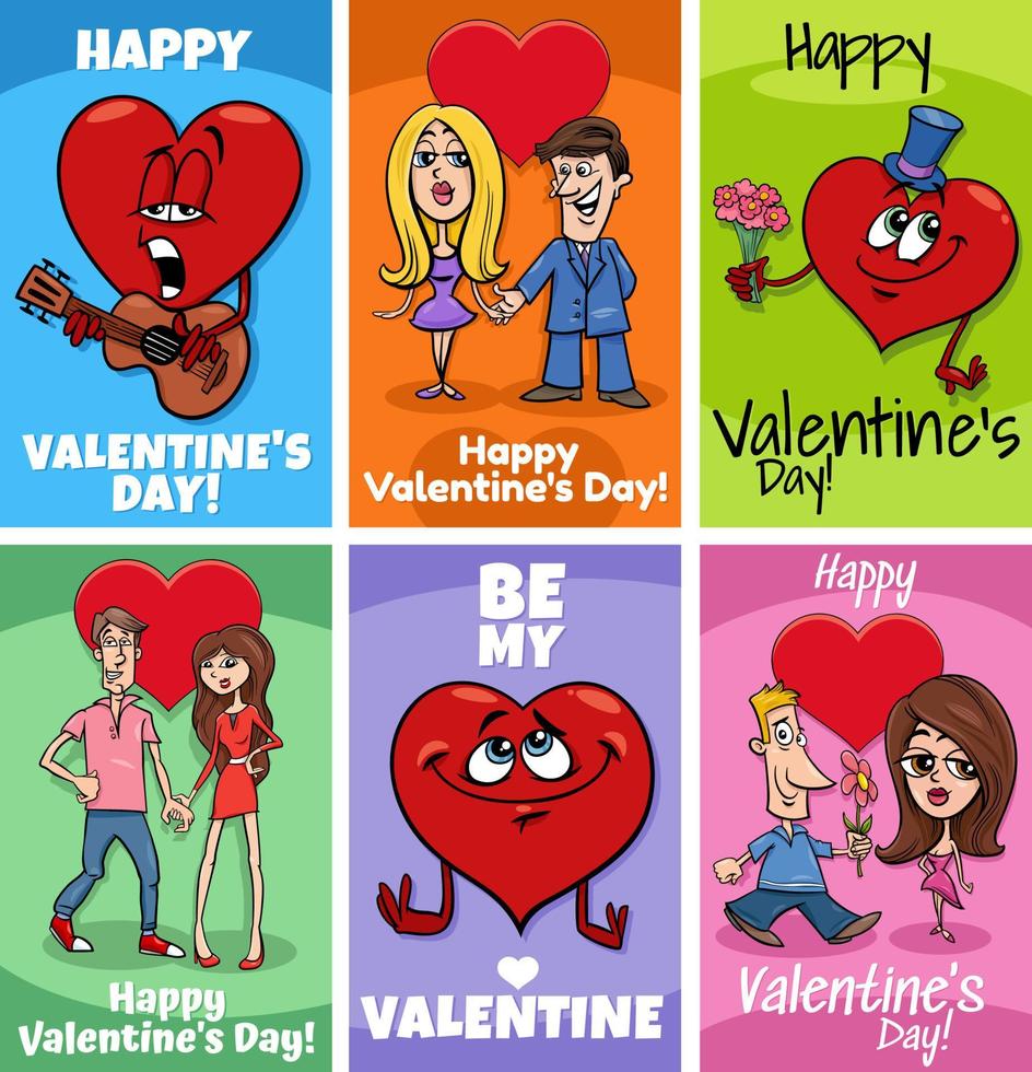 conjunto de diseños de tarjetas de felicitación de dibujos animados de san valentín vector