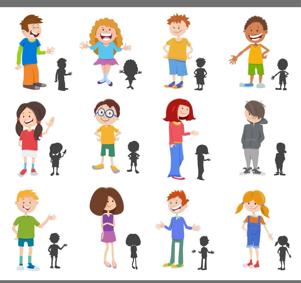 cartoon children and teens with silhouettes set vector