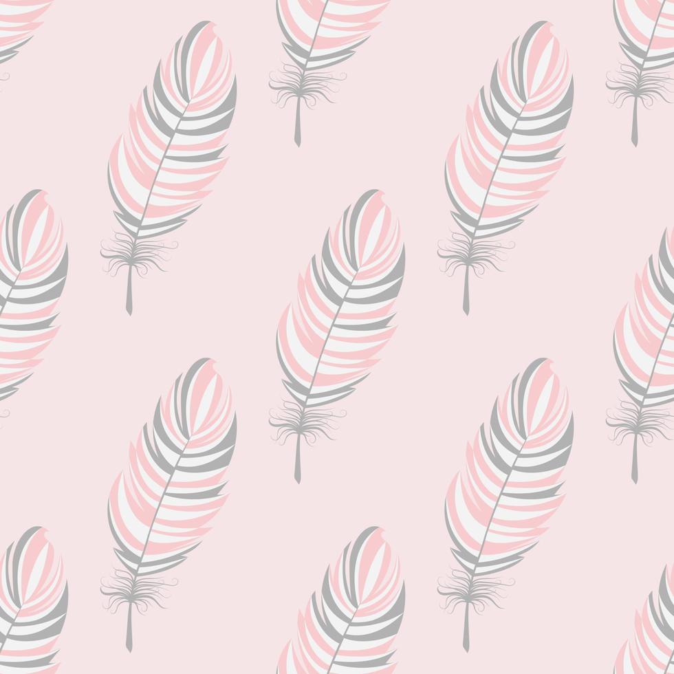 Pink, gray, white bird feathers on a soft pink background. Vector, seamless pattern. Boho style. For decorating wallpaper, fabric, wrapping paper. vector