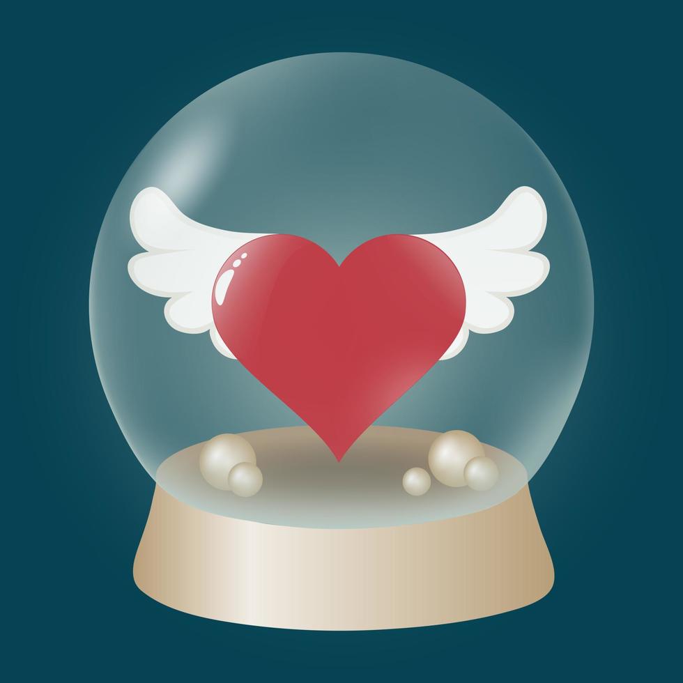 A snow globe with a heart inside 3d. Romantic illustration for Valentines Day. Glass balloon with the symbol of love - a heart. Vector illustration, valentine.