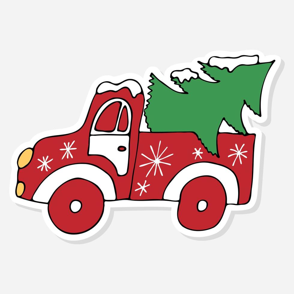 una camioneta roja lleva un árbol en la parte de atrás para las celebraciones de fin de año. garabatos dibujados a mano con coche de dibujos animados de navidad y pino. para pegatina, etiqueta o emblema. concepto vectorial impresión decorativa. vector