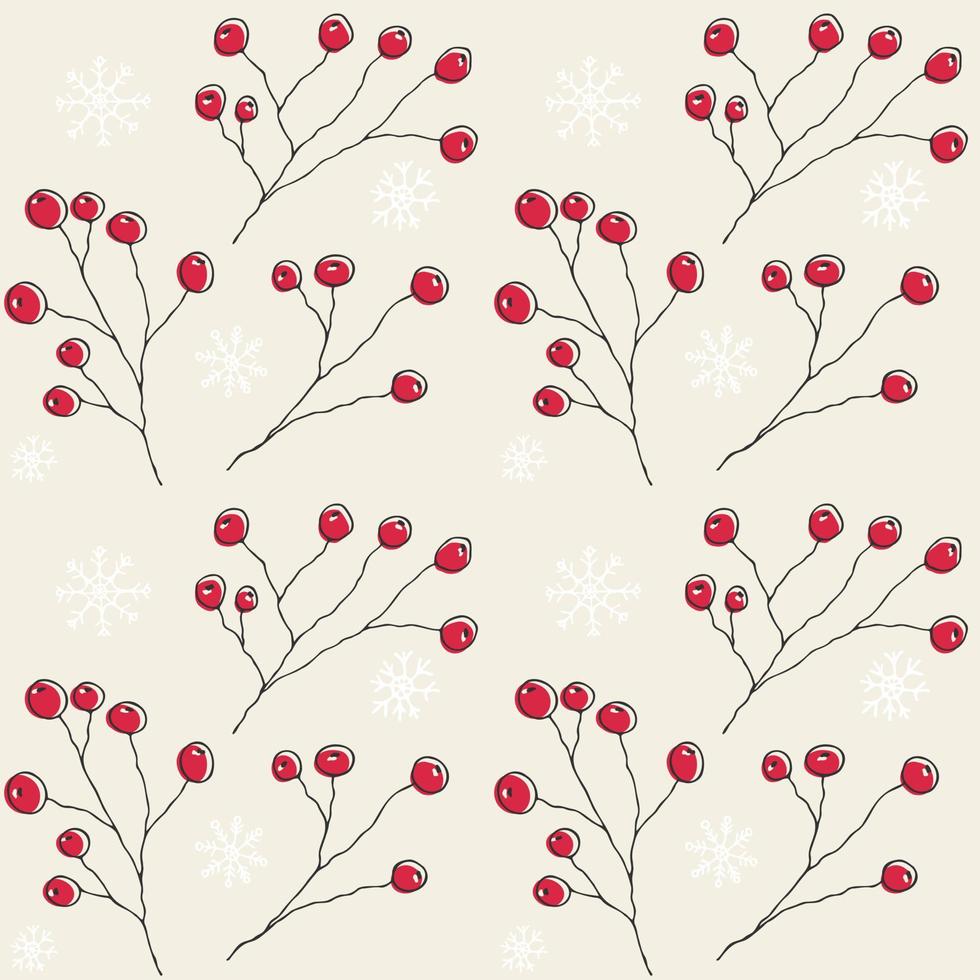 bayas de acebo rojo y copos de nieve sobre fondo beige. fondo transparente de ramitas con bayas y nieve. para tela, embalaje o papel pintado. vector