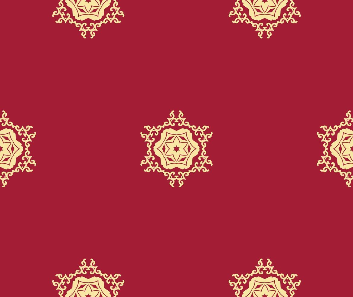 Red Christmas background with gold arabesque ornament. Christmas seamless background with snowflakes. Red, gold. Seamless vector pattern. For fabric, wallpaper, textile, packagin.