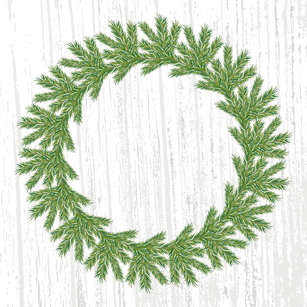 Wreath of spruce branches on grey background. New Year. Christmas. Frame template. Natural art decoration. Vector illustration. Vector pattern.