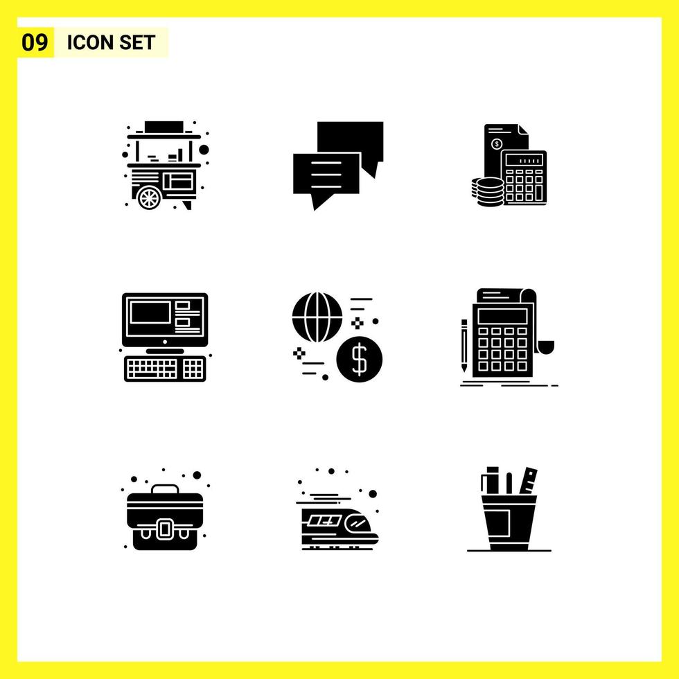Pictogram Set of 9 Simple Solid Glyphs of monitor coins group calculator debt Editable Vector Design Elements