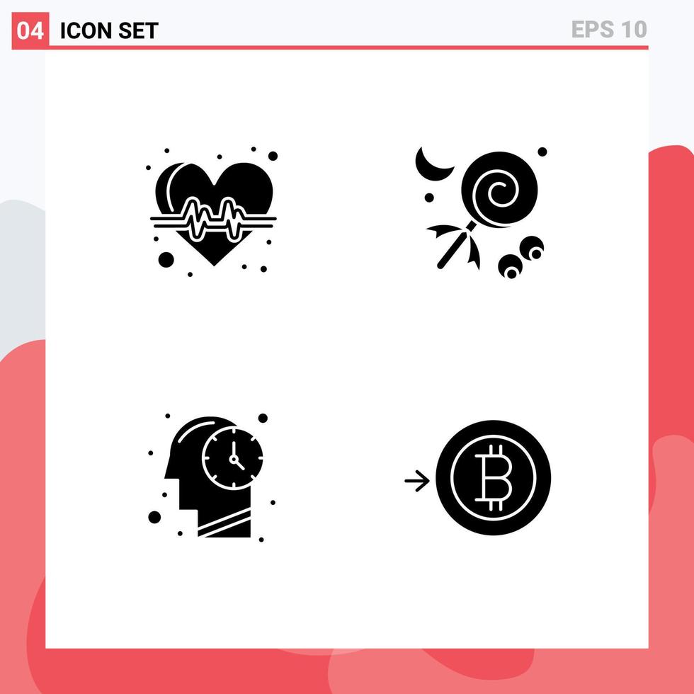 4 Thematic Vector Solid Glyphs and Editable Symbols of beat mind health care halloween bitcoin Editable Vector Design Elements