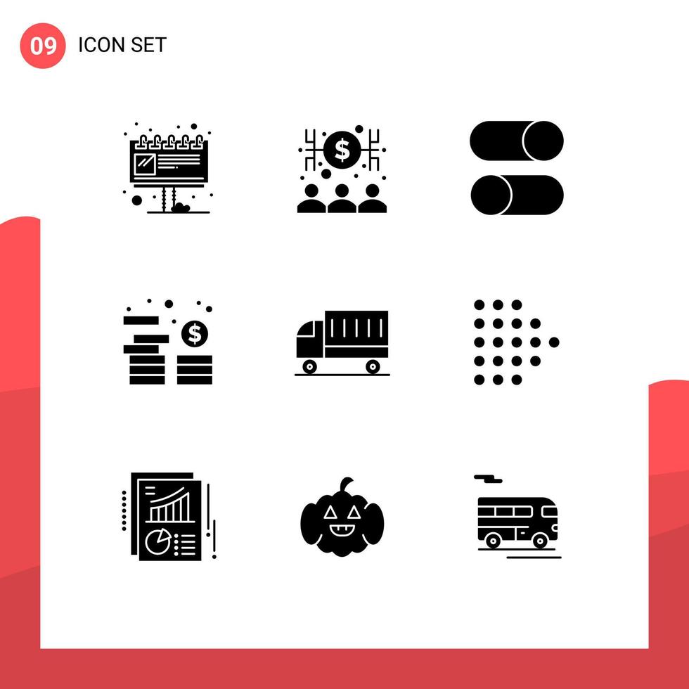 Solid Glyph Pack of 9 Universal Symbols of car money ellipsis investment settings Editable Vector Design Elements