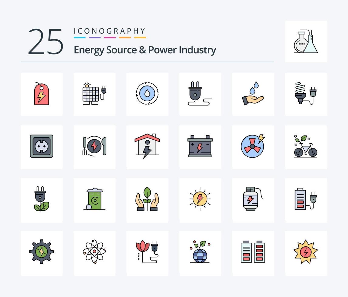 fuente de energía y paquete de iconos llenos de 25 líneas de la industria de la energía, incluido el purificado. fuente de alimentación. energía. enchufar. eléctrico vector