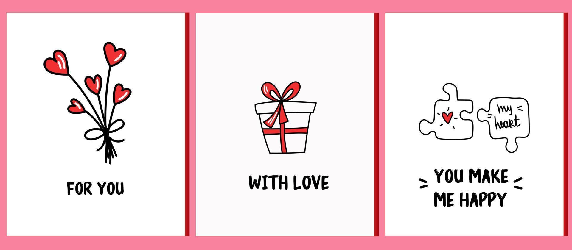 Set of 3 cards for valentine's day. Valentine's day greeting postcard set. 14 February vector illustration